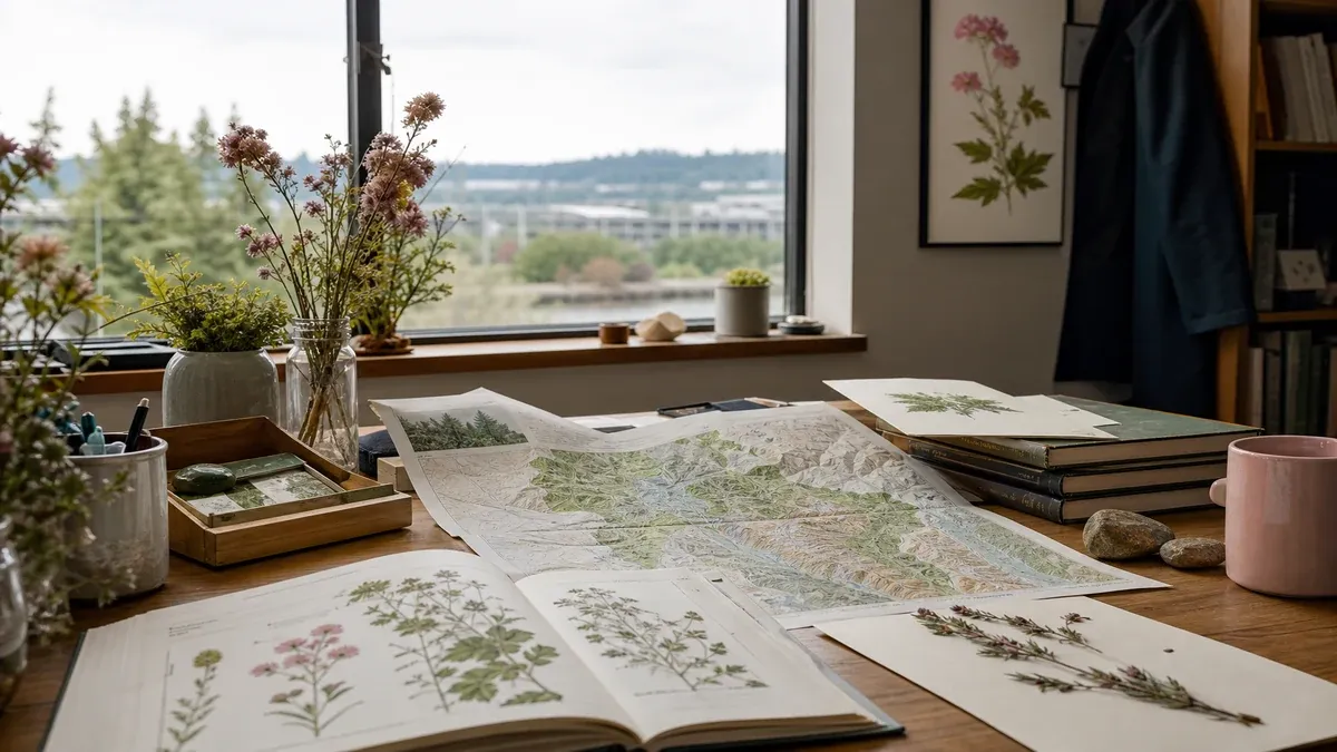 Wildflower travel editorial research scene with regional bloom maps